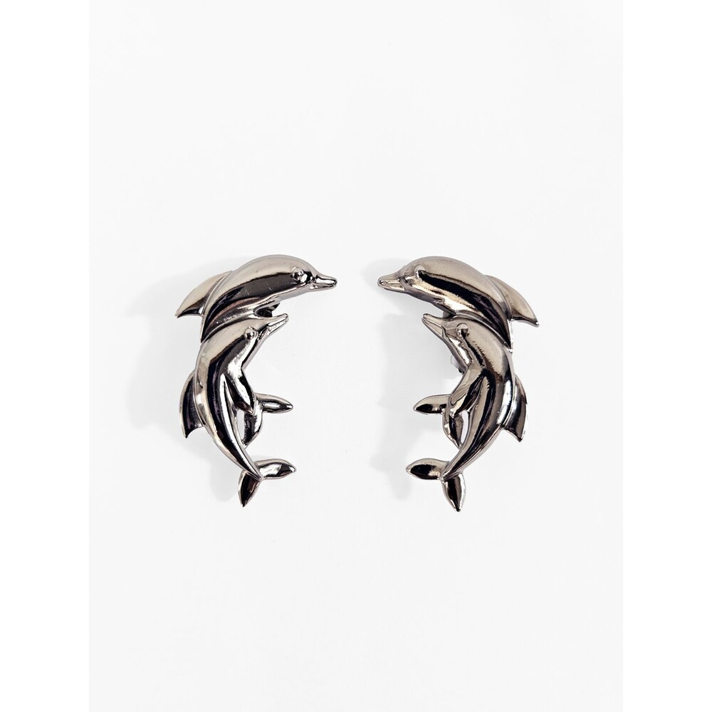 Leaping Twin Dolphin Silver Tone Clip On Earings